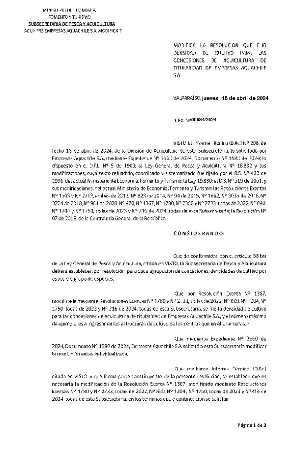 Res. Ex. N° 00984-2024 Modifica Res. Ex. N°1367-2022 Fija densidad de cultivo para las concesiones de Acuicultura de titularidad de Empresas Aquachile S.A., Aprueba programa de manejo que indica. (Publicado en Página Web 19-04-2024)