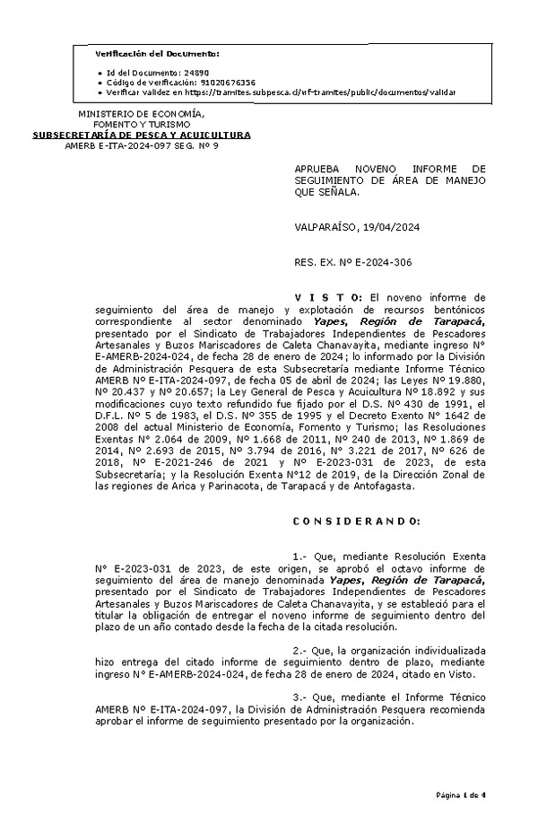 RESOL. EXENTA Nº E-2024-306 Aprueba 9° Seguimiento. (Publicado en Página Web 19-04-2024)