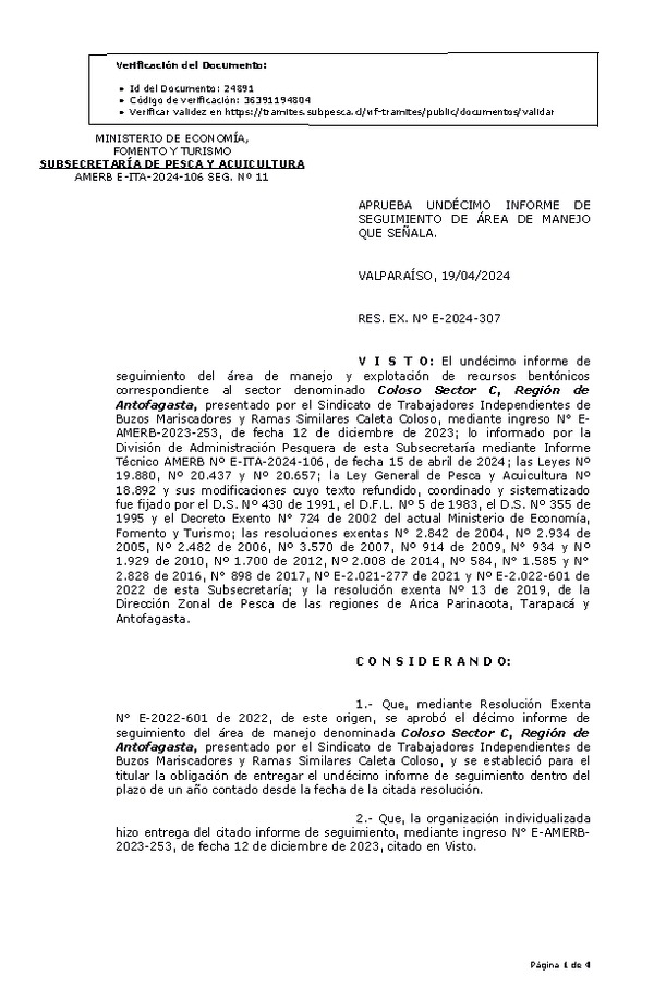 RESOL. EXENTA Nº E-2024-307 Aprueba 11° Seguimiento. (Publicado en Página Web 19-04-2024)