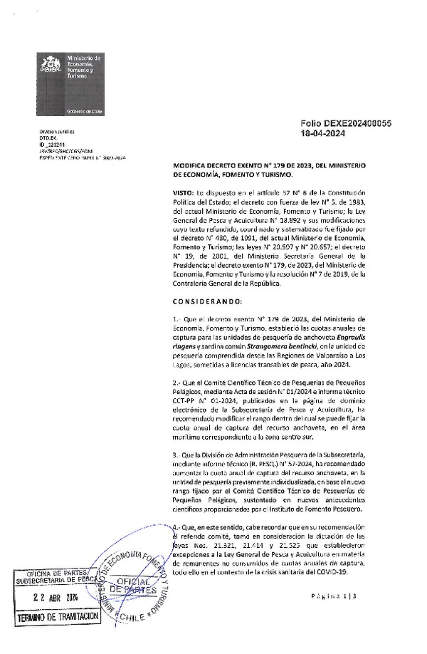 De. Ex. Folio 202400055 Modifica Dec. Ex. Folio 202300179 Establece Cuotas Anuales de Captura de Pesquería de Anchoveta y Sardina Común, Valparaíso - Los Lagos Sometidas a Licencias Transables de Pesca, Año 2024. (Publicado en Página Web 22-04-2024)