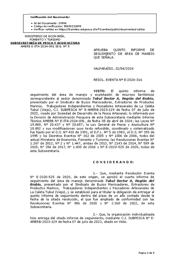 RESOL. EXENTA Nº E-2024-316 Aprueba 5° Seguimiento. (Publicado en Página Web 23-04-2024)