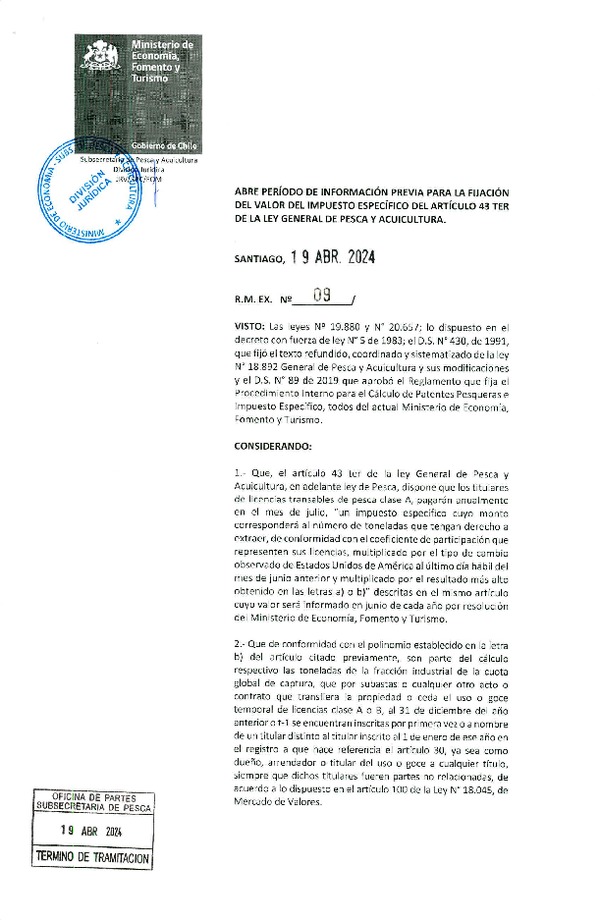 R.M. EX. N° 09-2024 Abre Período de Información Previa para la Fijación del Valor del Impuesto Específico del Artículo 43 ter de la Ley General de Pesca y Acuicultura. (Publicado en Página Web 23-04-2024)