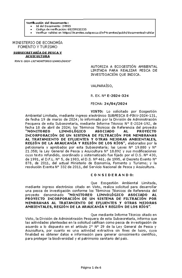 R. EX. Nº E-2024-324 AUTORIZA A ECOGESTIÓN AMBIENTAL LIMITADA PARA REALIZAR PESCA DE INVESTIGACIÓN QUE INDICA. (Publicado en Página Web 29-04-2024)