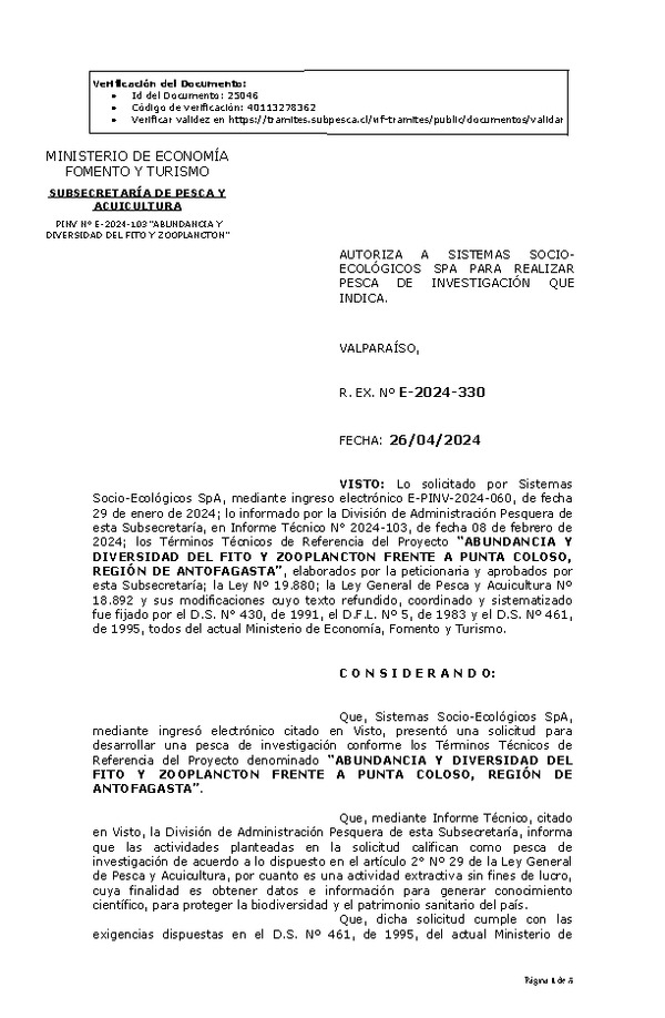  R. EX. Nº E-2024-330 AUTORIZA A SISTEMAS SOCIOECOLÓGICOS SPA PARA REALIZAR PESCA DE INVESTIGACIÓN QUE INDICA. (Publicado en Página Web 29-04-2024)