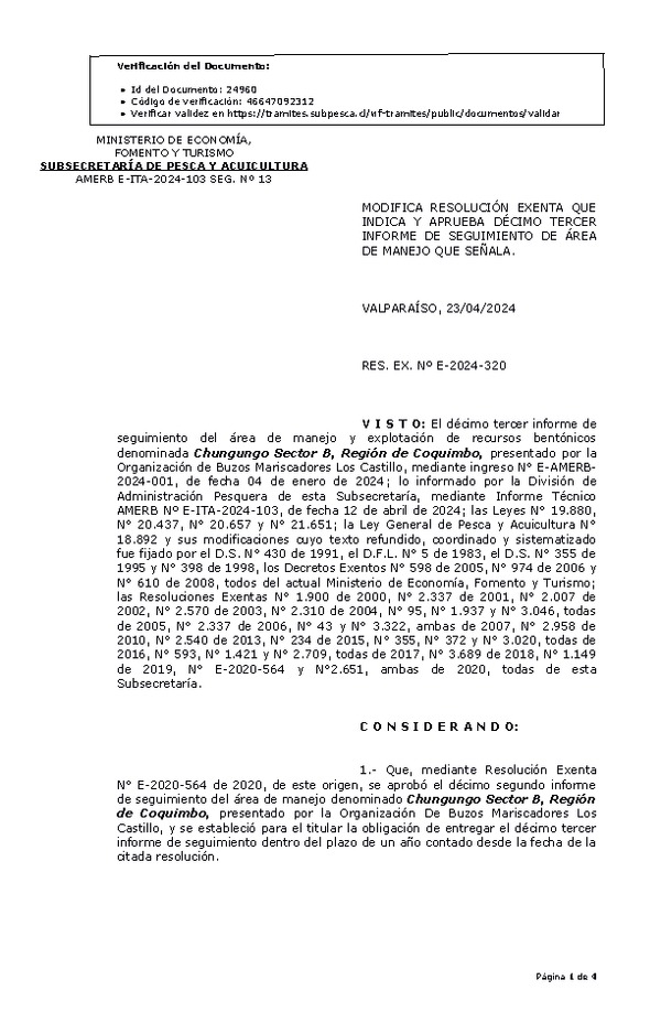 RESOL. EXENTA Nº E-2024-320 Modifica resolución que indica, Aprueba 13° seguimiento. (Publicado en Página Web 29-04-2024)