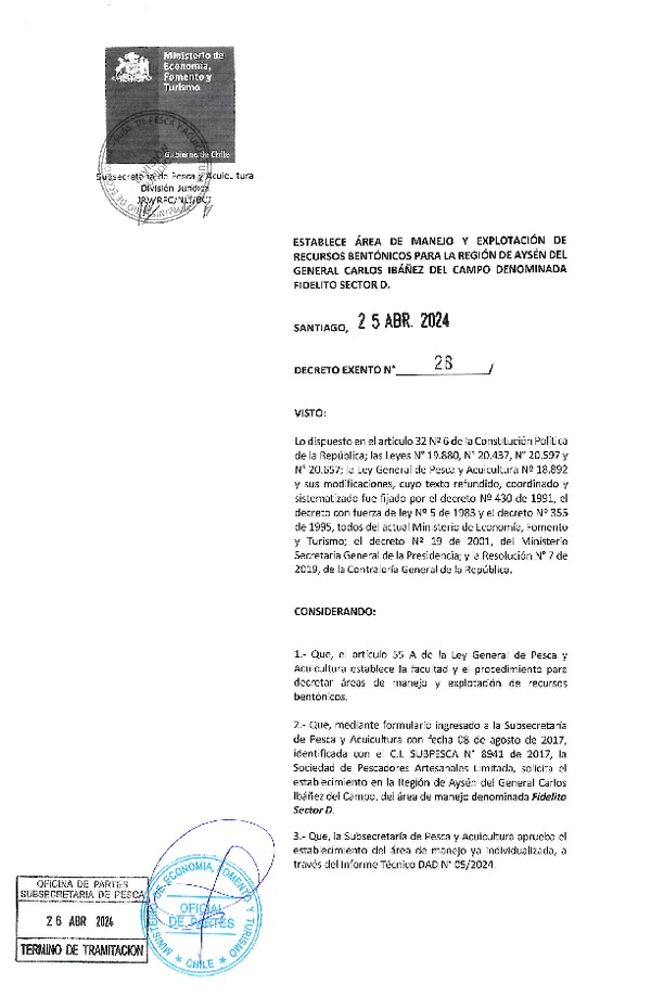 Dec. Ex. N° 28-2024 Establece Área de Manejo y Explotación de Recursos Bentónicos para la Región de Aysén del General Carlos Ibáñez del Campo Denominada Fidelito Sector D. (Publicado en Página Web 29-04-2024)