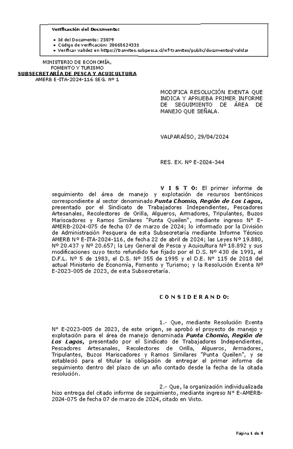 RES. EX. Nº E-2024-344 Modifica resolución que indica, Aprueba 1° informe de seguimiento. (Publicado en Página Web 02-05-2024)