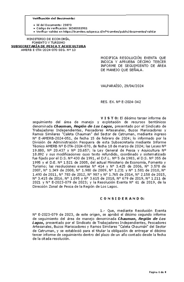 RES. EX. Nº E-2024-342 Modifica resolución que indica, Aprueba 13° informe de seguimiento. (Publicado en Página Web 02-05-2024)