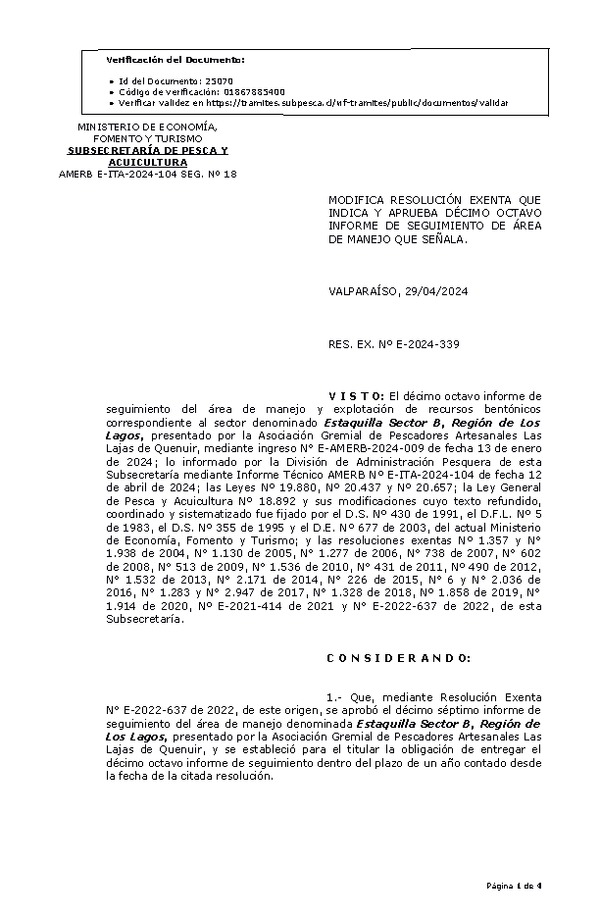 RES. EX. Nº E-2024-339 Modifica resolución que indica, Aprueba Décimo Octavo informe de seguimiento. (Publicado en Página Web 02-05-2024)