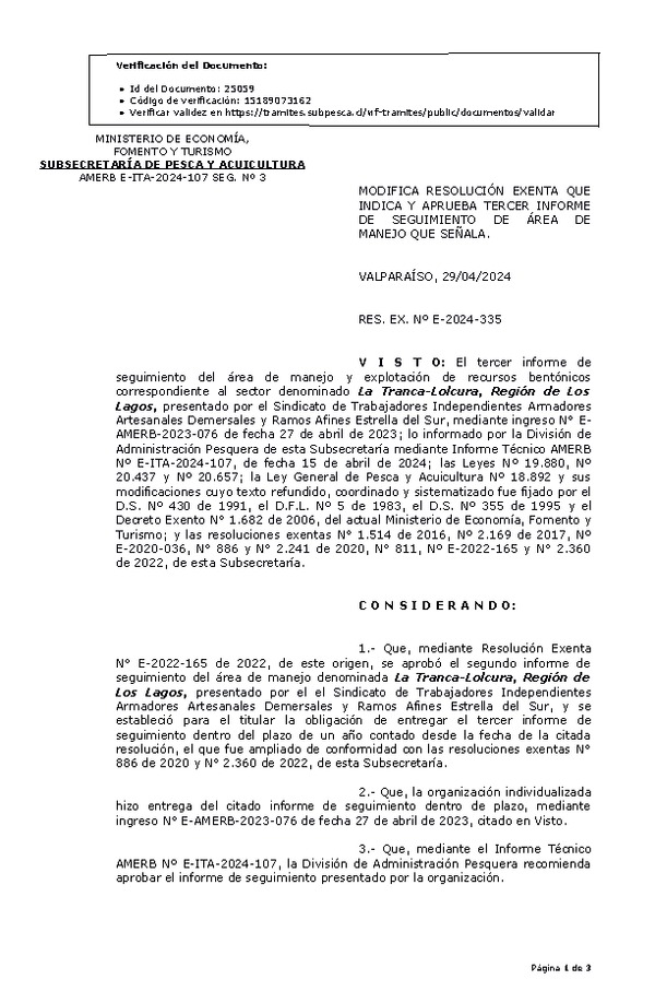 RES. EX. Nº E-2024-335 Modifica resolución que indica, Aprueba Tercer informe de seguimiento. (Publicado en Página Web 02-05-2024)