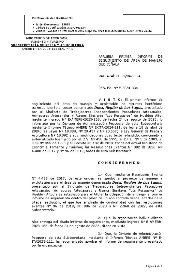 RES. EX. Nº E-2024-334 Aprueba Primer informe de seguimiento. (Publicado en Página Web 02-05-2024)