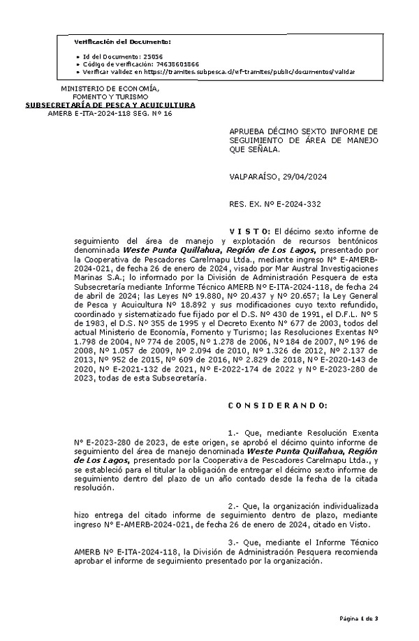 RESOL. EXENTA Nº E-2024-332 Aprueba sexto informe de seguimiento. (Publicado en Página Web 02-05-2024)