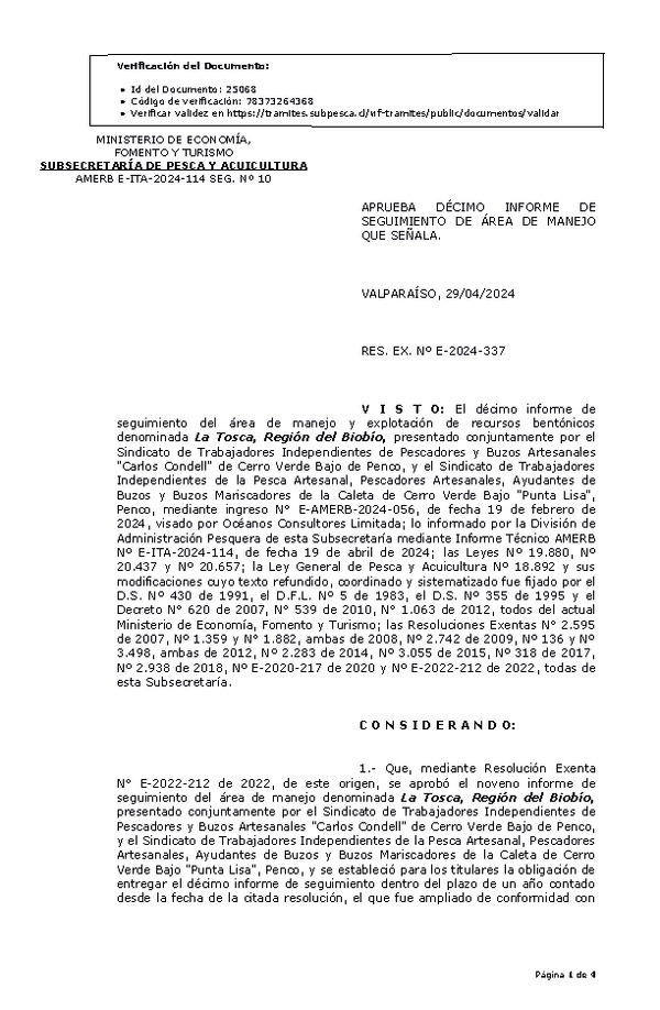 RESOL. EXENTA Nº E-2024-337 Aprueba décimo informe de seguimiento. (Publicado en Página Web 02-05-2024)