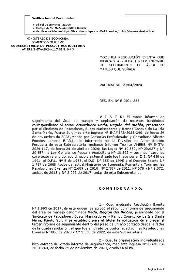 RESOL. EXENTA Nº E-2024-336 Modifica Resolución que indica, Aprueba tercer informe de seguimiento. (Publicado en Página Web 02-05-2024)