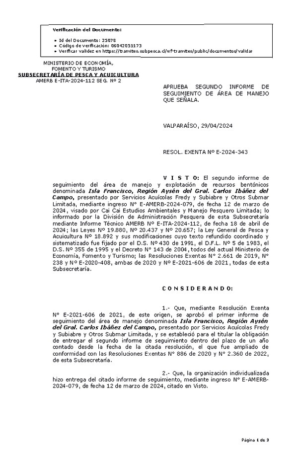 RESOL. EXENTA Nº E-2024-343 Aprueba segundo informe de seguimiento. (Publicado en Página Web 02-05-2024)