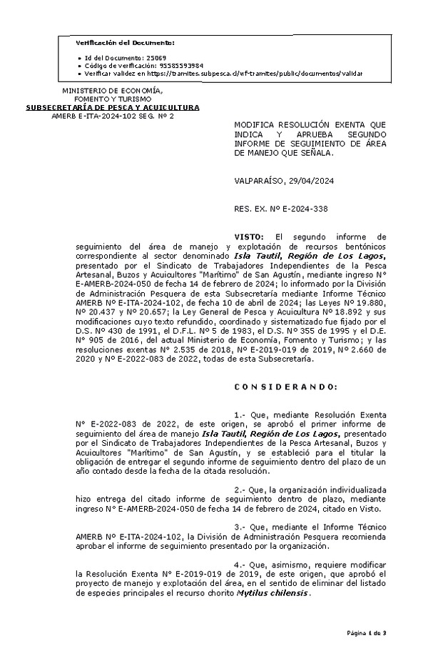 RESOL. EXENTA Nº E-2024-338 Modifica Resolución que indica, Aprueba Segundo informe de seguimiento. (Publicado en Página Web 02-05-2024)