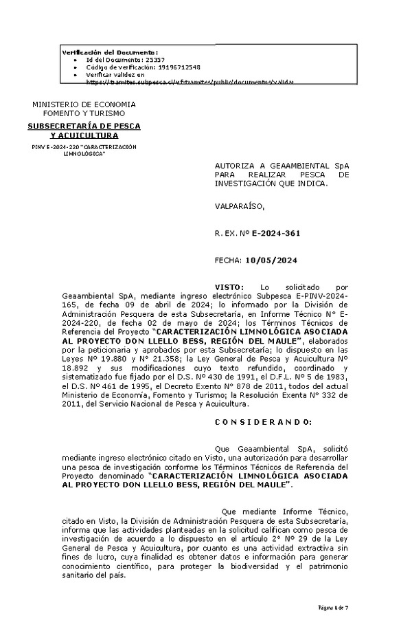 R. EX. Nº E-2024-361 AUTORIZA A GEAAMBIENTAL SpA PARA REALIZAR PESCA DE INVESTIGACIÓN QUE INDICA. (Publicado en Página Web 10-05-2024)