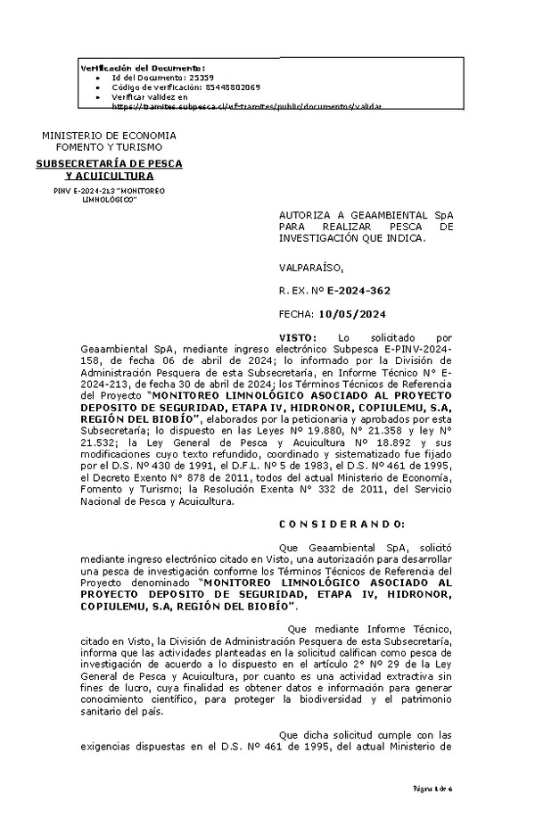 R. EX. Nº E-2024-362 AUTORIZA A GEAAMBIENTAL SpA PARA REALIZAR PESCA DE INVESTIGACIÓN QUE INDICA. (Publicado en Página Web 10-05-2024)