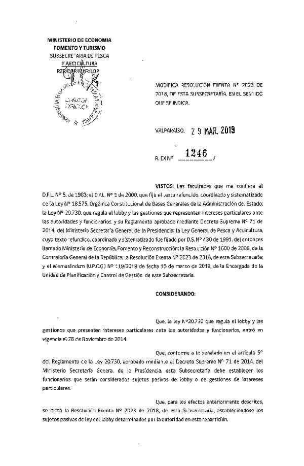 Res. Ex. N°1246-2019, modifica Res. Ex. N°2023-2018, de esta Subsecretaría, en el sentido que se indica
