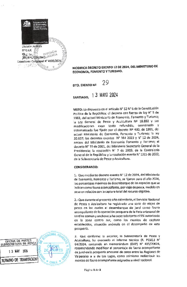 Dec. Ex. N° 29-2024 Modifica Dec. Ex. 12-2024 Establece Porcentajes de Desembarque de Especies como Fauna Acompañante, año 2024. (Publicado en Página Web 16-05-2024)