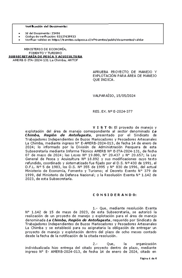 RES. EX. Nº E-2024-377 Autoriza realización de proyecto de manejo. (Publicado en Página Web 16-05-2023)