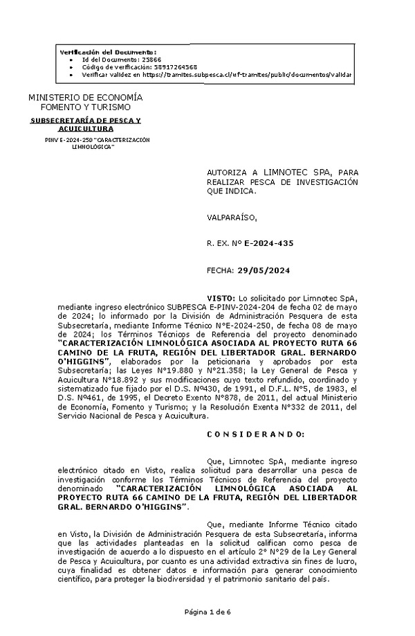 R. EX. Nº E-2024-435 AUTORIZA A LIMNOTEC SPA, PARA REALIZAR PESCA DE INVESTIGACIÓN QUE INDICA. (Publicado en Página Web 30-05-2024)