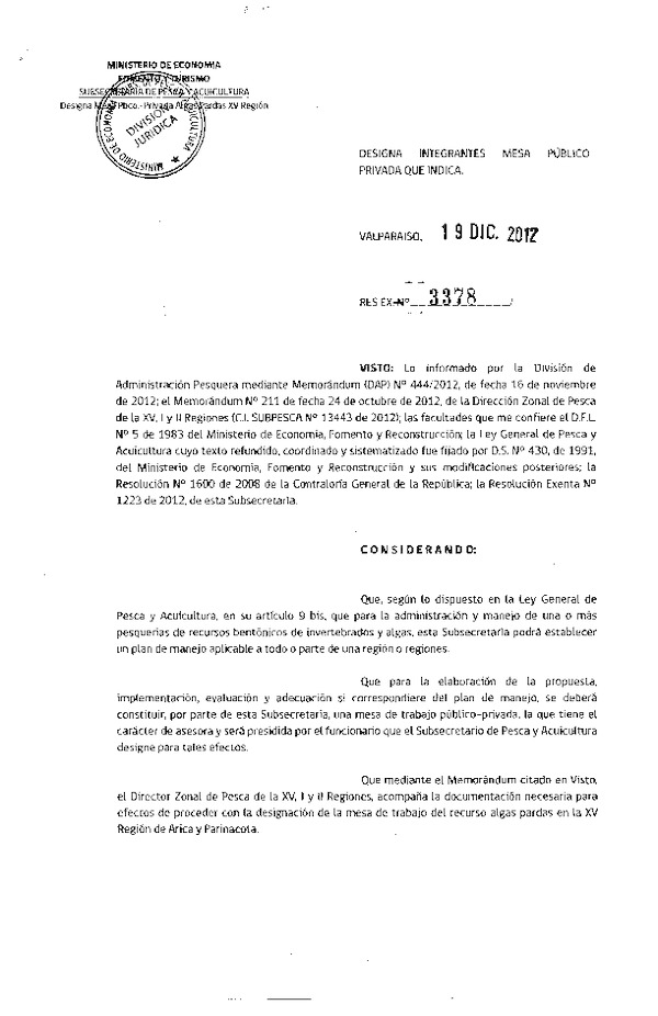 R EX N° 3378-2012 Comité de manejo algas pardas Arica y Parinacota.