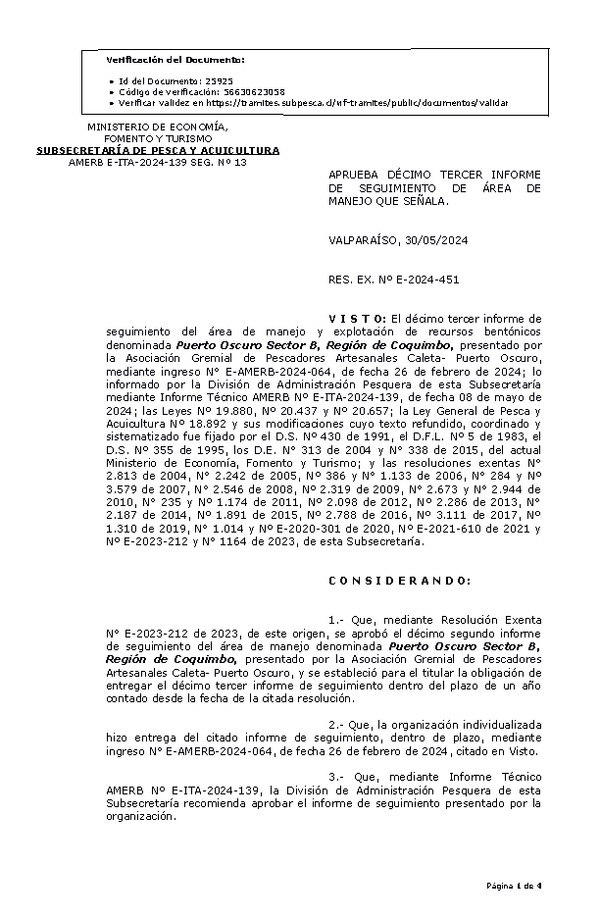 RESOL. EXENTA Nº E-2024-451 Aprueba décimo tercer informe de seguimiento. (Publicado en Página Web 05-06-2024)