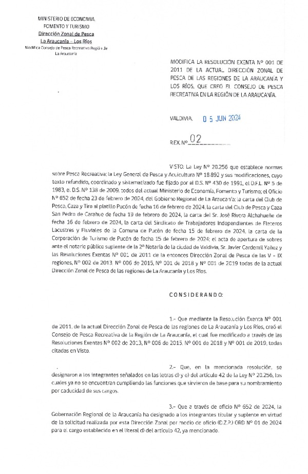 Res. Ex. N° 2-2024 modifica Res. Ex. N° 1-2011 de la actual Dirección Zonal de Pesca de las regiones de La Araucanía y Los Ríos, que creó el Consejo de Pesca Recreativa en la región de La Araucanía.