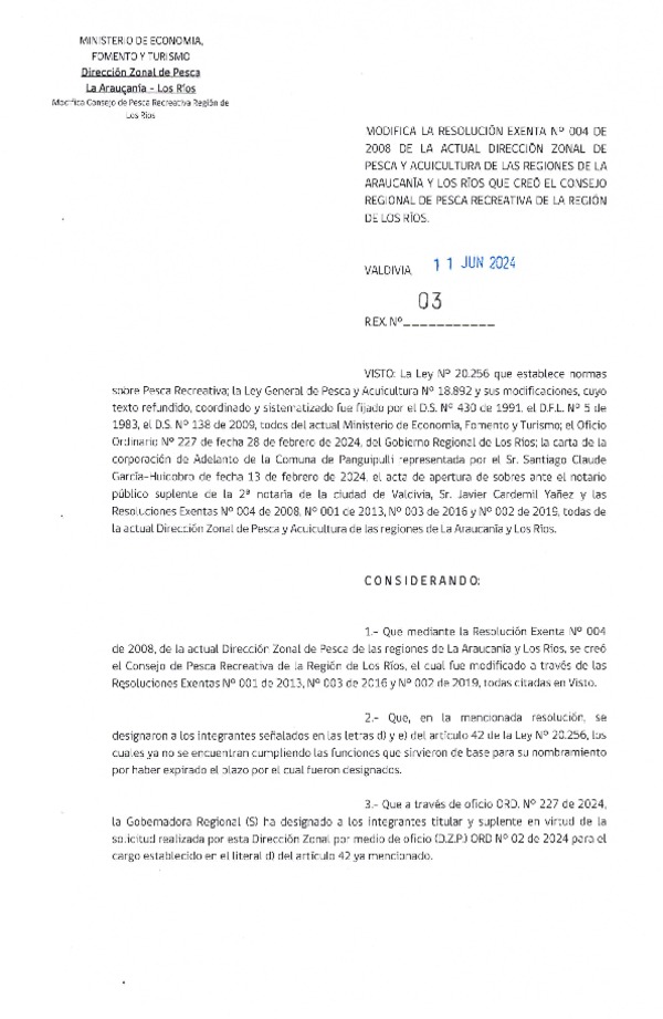 Res. Ex. N° 3-2024 (DZP La Araucanía y Los Ríos) Modifica Res. Ex. N°4-2008 de la actual Dirección Zonal de Pesca de las regiones de La Araucanía y Los Ríos, que creó el Consejo de Pesca Recreativa en la región de Los Ríos. (Publicado en Página Web 11-06-2024)