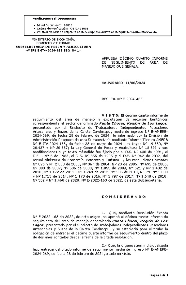 RESOL. EXENTA Nº E-2024-483 Aprueba décimo cuarto informe de seguimiento. (Publicado en Página Web 14-06-2024)
