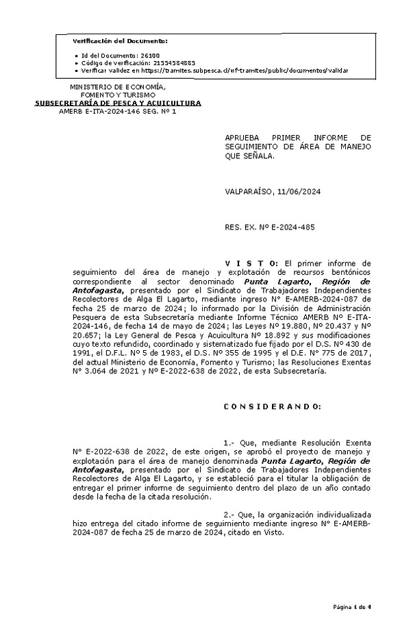 RESOL. EXENTA Nº E-2024-485 Aprueba primer informe de seguimiento. (Publicado en Página Web 14-06-2024)