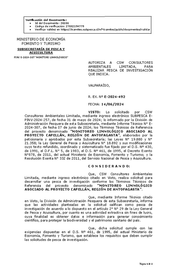 R. EX. Nº E-2024-492 AUTORIZA A CSW CONSULTORES AMBIENTALES LIMITADA, PARA REALIZAR PESCA DE INVESTIGACIÓN QUE INDICA. (Publicado en Página Web 17-06-2024)