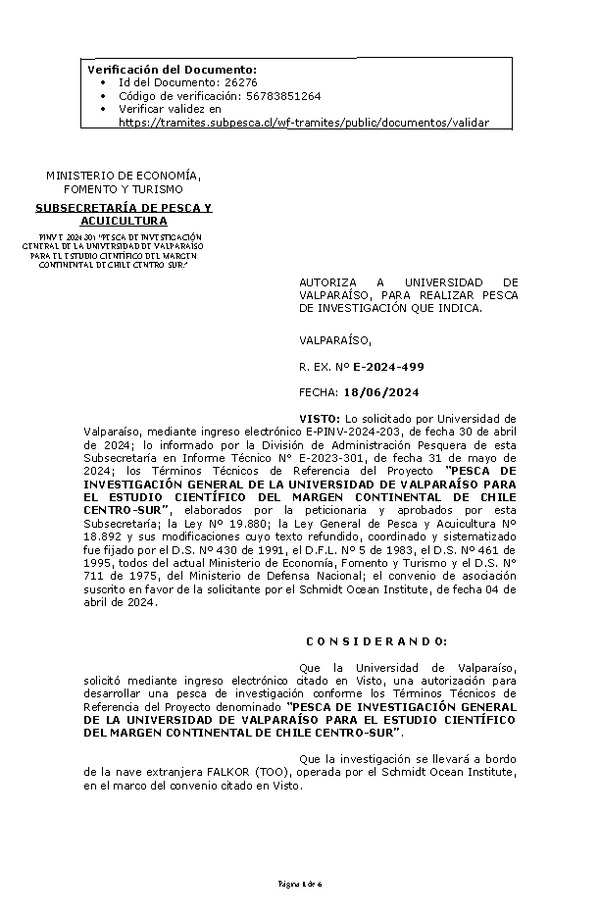 R. EX. Nº E-2024-499 AUTORIZA A UNIVERSIDAD DE VALPARAÍSO, PARA REALIZAR PESCA DE INVESTIGACIÓN QUE INDICA. (Publicado en Página Web 18-06-2024)