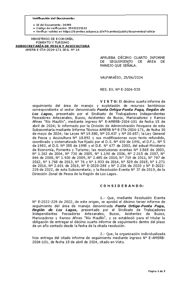 RESOL. EXENTA Nº E-2024-535 Aprueba décimo cuarto informe de seguimiento. (Publicado en Página Web 26-06-2024)