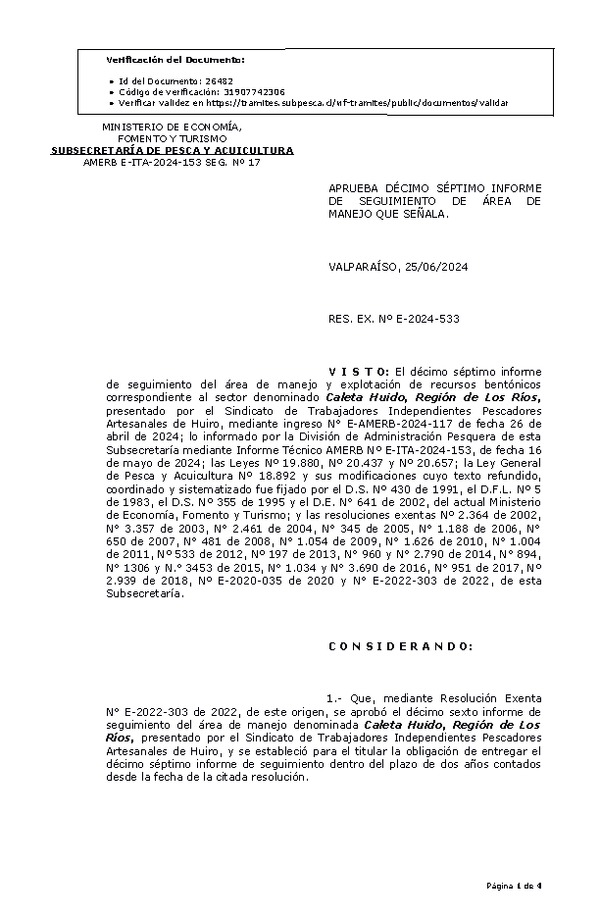 RESOL. EXENTA Nº E-2024-533 Aprueba décimo séptimo informe de seguimiento. (Publicado en Página Web 26-06-2024)