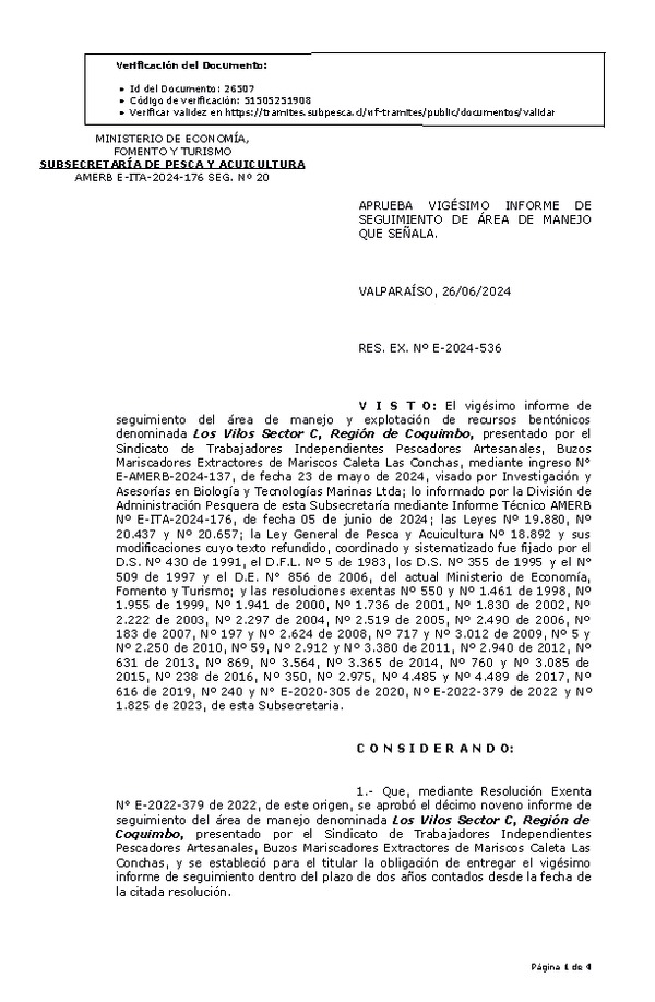 RES. EX. Nº E-2024-536 Aprueba vigésimo informe de seguimiento. (Publicado en Página Web 27-06-2024)