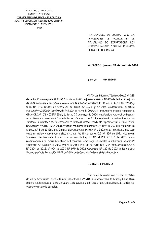 Res. Ex. N° 1488-2024 Fija densidad de cultivo para las concesiones de acuicultura de titularidad de Exportadora Los Fiordos Limitada. Aprueba programa de manejo que indica. (Con Informe Técnico) (Publicado en Página Web 28-06-2024)