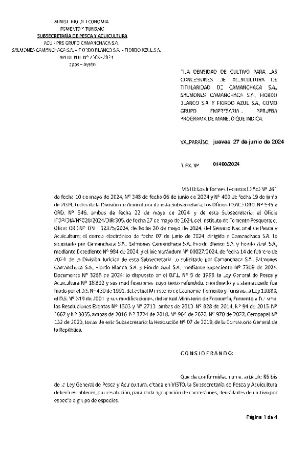 Res. Ex. N° 1490-2024 Fija densidad de cultivo para las concesiones de acuicultura de titularidad de Camanchaca S.A., Fiordo Blanco S.A. y Fiordo Azul S.A. como grupo empresarial. Aprueba programa de manejo que indica. (Con Informe Técnico) (Publicado en Página Web 28-06-2024)