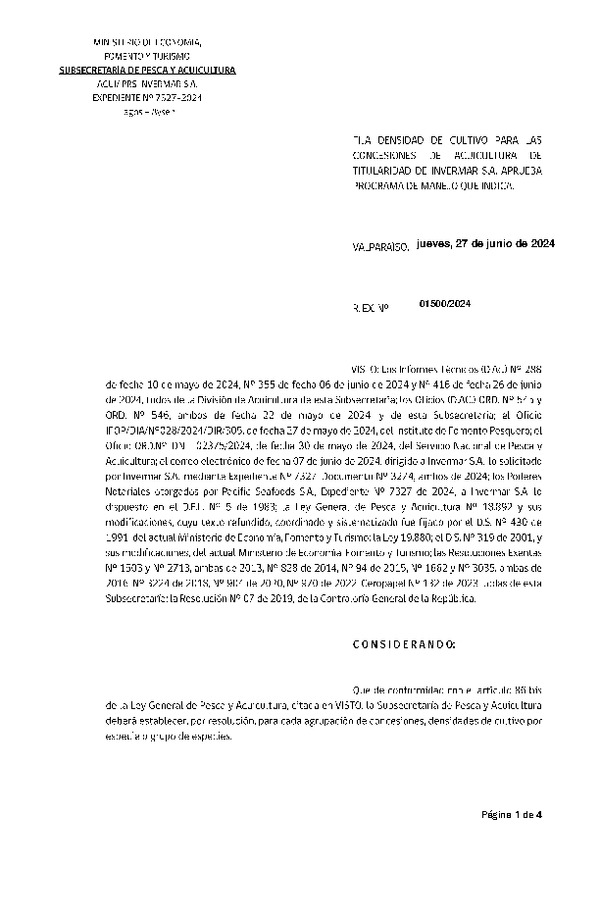 Res. Ex. N° 1500-2024 Fija densidad de cultivo para las concesiones de acuicultura de titularidad de Invermar S.A. Aprueba programa de manejo que indica. (Con Informe Técnico) (Publicado en Página Web 28-06-2024)