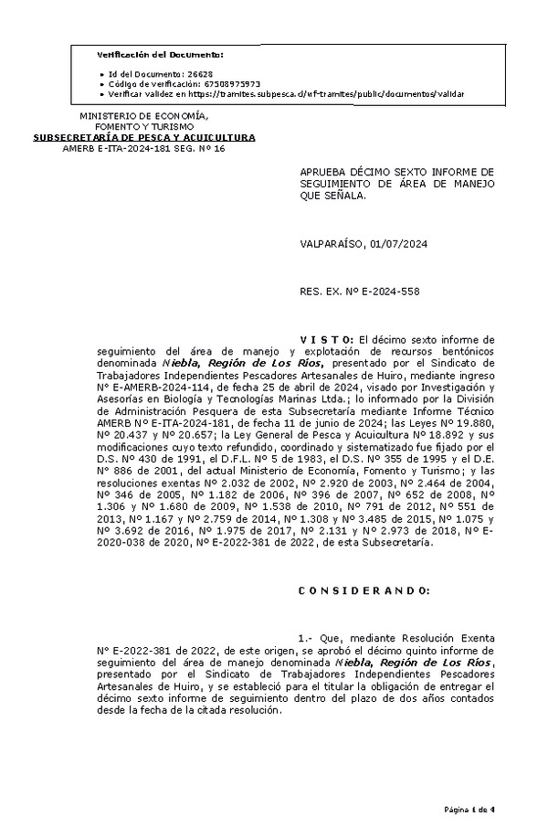 RESOL. EXENTA Nº E-2024-558 Aprueba décimo sexto informe de seguimiento. (Publicado en Página Web 03-07-2024)