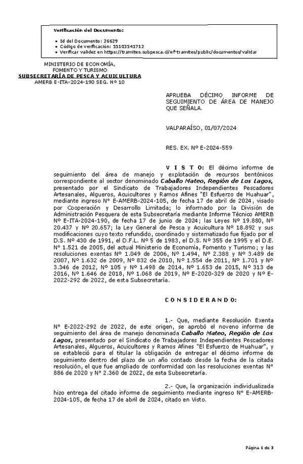 RESOL. EXENTA Nº E-2024-559 Aprueba décimo informe de seguimiento. (Publicado en Página Web 03-07-2024)