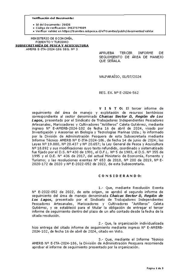 RESOL. EXENTA Nº E-2024-562 Aprueba tercer informe de seguimiento. (Publicado en Página Web 03-07-2024)