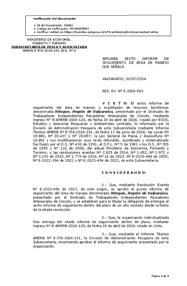RESOL. EXENTA Nº E-2024-563 Aprueba sexto informe de seguimiento. (Publicado en Página Web 03-07-2024)