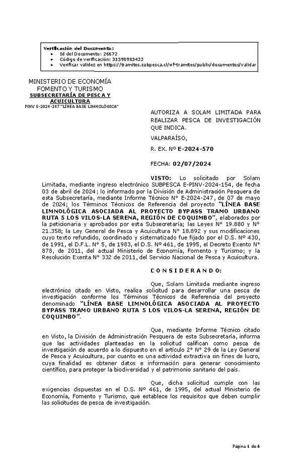 RES. EX. Nº E-2024-570 AUTORIZA A SOLAM LIMITADA PARA REALIZAR PESCA DE INVESTIGACIÓN QUE INDICA. (Publicado en Página Web 04-07-2024)