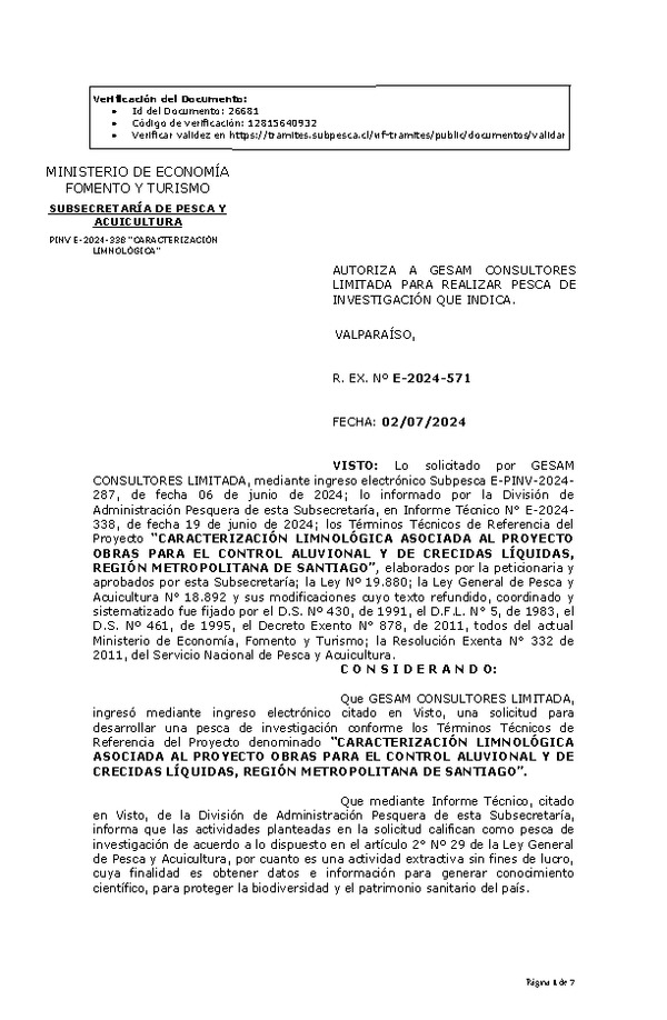 RES. EX. Nº E-2024-571 AUTORIZA A GESAM CONSULTORES LIMITADA PARA REALIZAR PESCA DE INVESTIGACIÓN QUE INDICA. (Publicado en Página Web 04-07-2024)