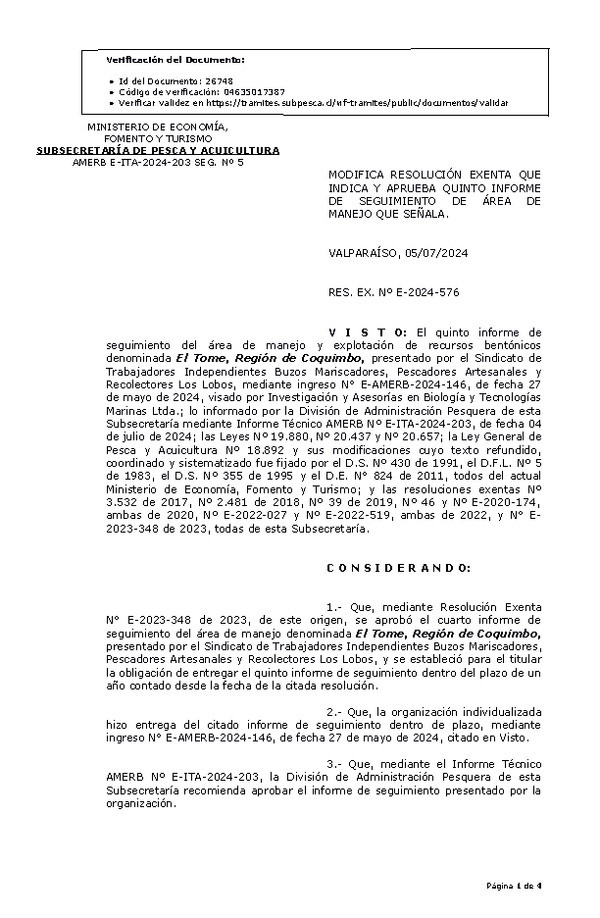 RES. EX. Nº E-2024-576, Modifica resolución que indica, Aprueba quinto informe de seguimiento. (Publicado en Página Web 05-07-2024)