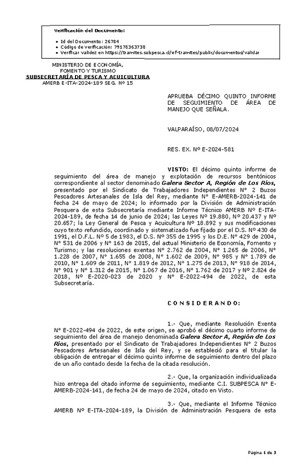 RES. EX. Nº E-2024-581 Aprueba décimo quinto informe de seguimiento. (Publicado en Página Web 09-07-2024)