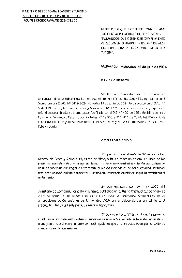 Res. Ex. N° 1592-2024 Resolución que Establece para el Año 2024 Las Agrupaciones de Concesiones de Salmónidos que deben dar Cumplimiento al Reglamento Fijado por D.S. N° 1 de 2020. (Publicado en Página Web 10-07-2024)