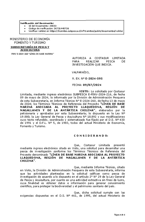 R. EX. Nº E-2024-595 AUTORIZA A COSTASUR LIMITADA PARA REALIZAR PESCA DE INVESTIGACIÓN QUE INDICA. (Publicado en Página Web 11-07-2024)